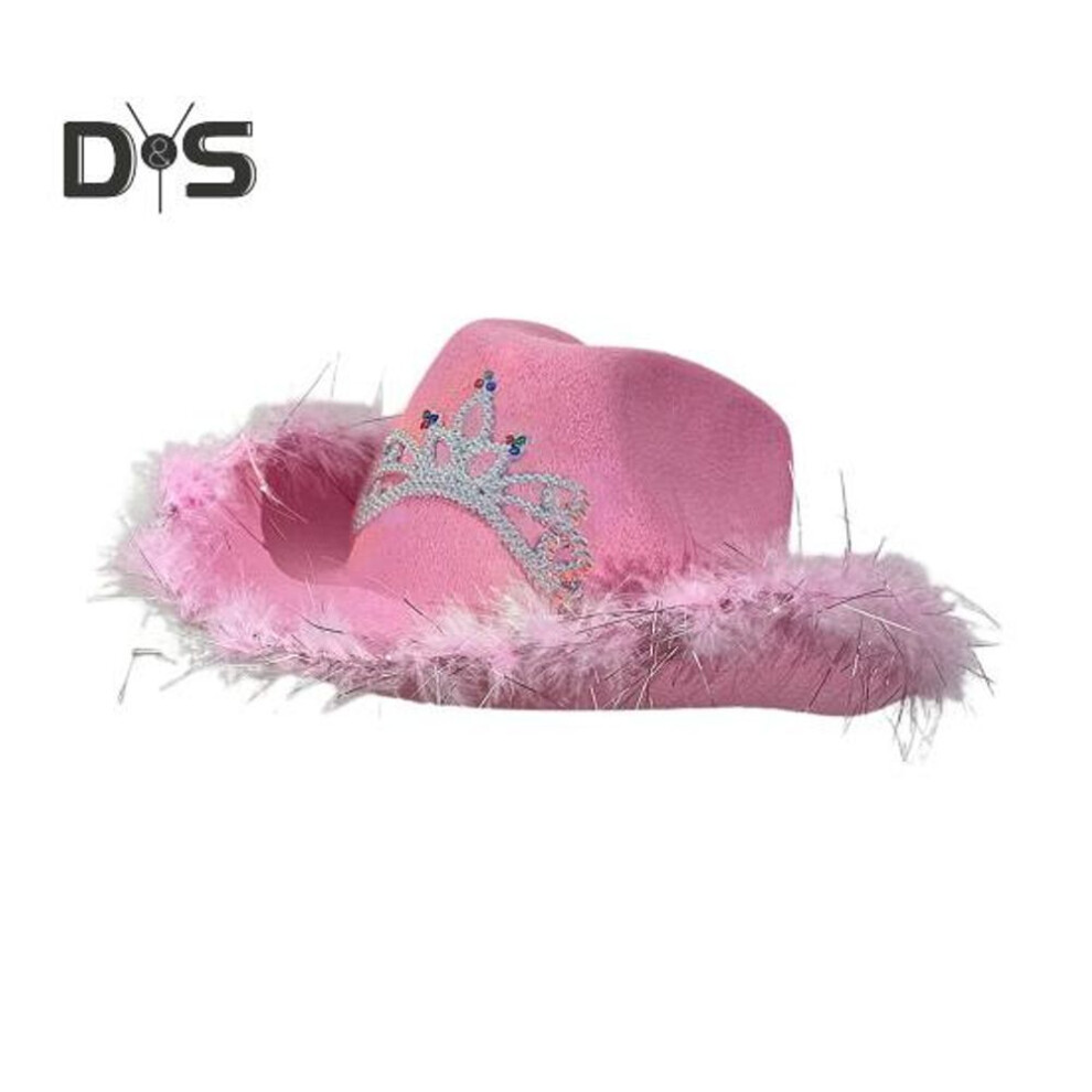 (pink, M) Cowgirl Hat Rhinestone Crown Decor Furry Ripped Edge Windproof Chin Rope Large Brim Sun Protection Retro Western Style Stage Show Performance Party