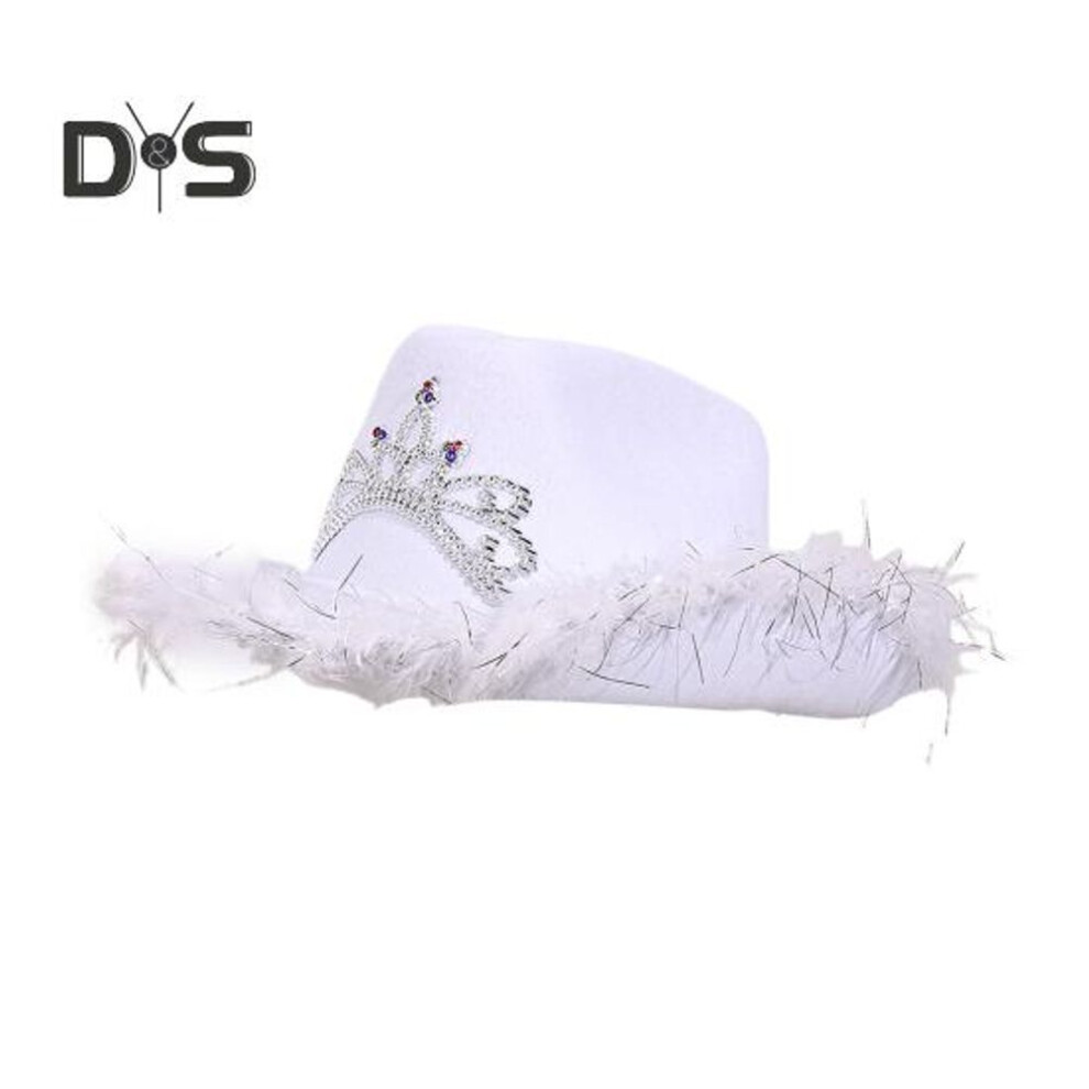 (white, M) Cowgirl Hat Rhinestone Crown Decor Furry Ripped Edge Windproof Chin Rope Large Brim Sun Protection Retro Western Style Stage Show Performance Party