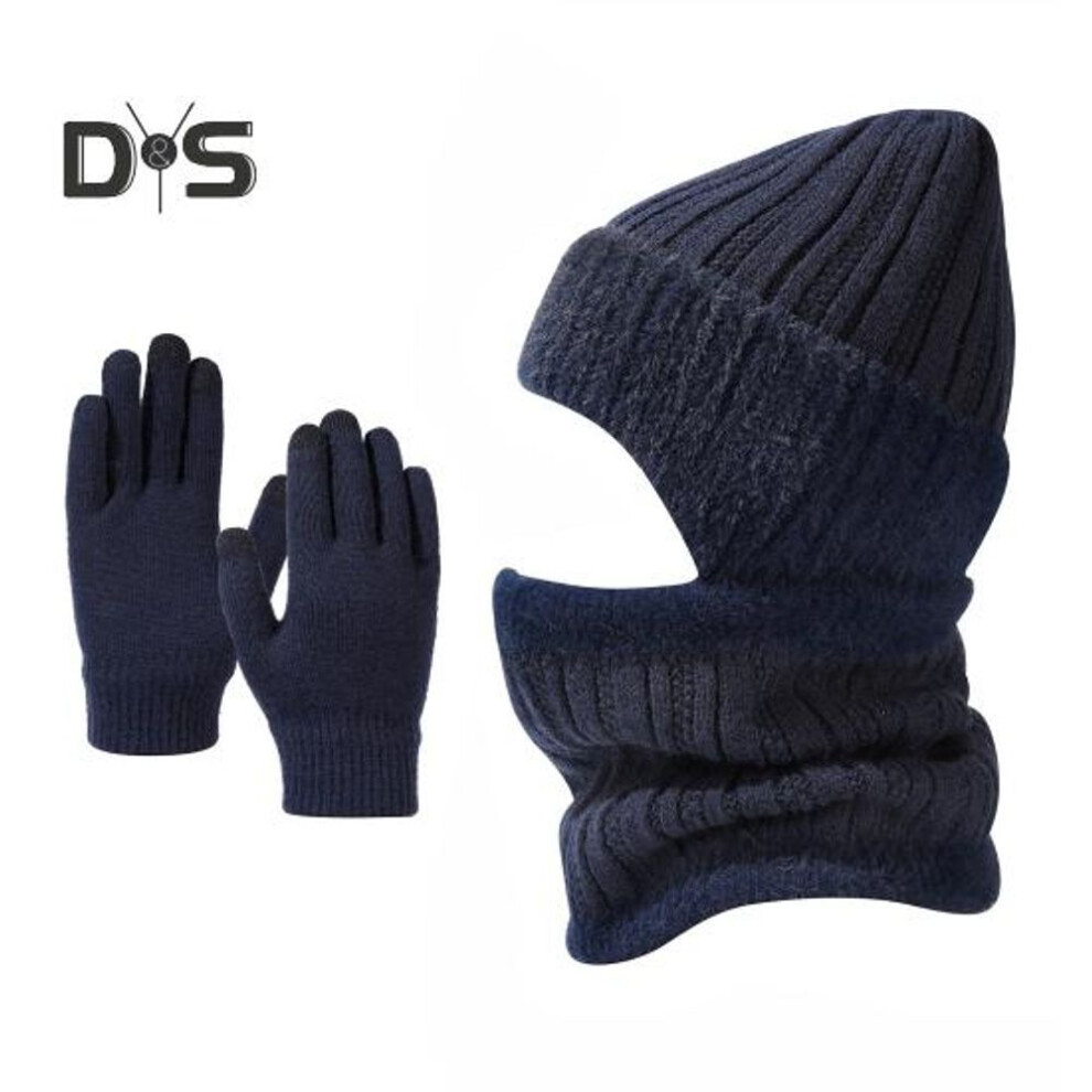 (navy blue) 3pcs/set Unisex Hat Scarf Gloves Set Ear Flap Design Solid Color Beanie Hat Thermal Plush Lining Neck Warmer Touch Screen Gloves Set