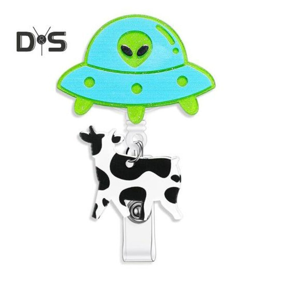 (green) Funny Badge Reel Care Easy-pull Buckle Alien Cow Design 360 Degree Rotation Retractable Id Clip Mood-boosting Badge Holder