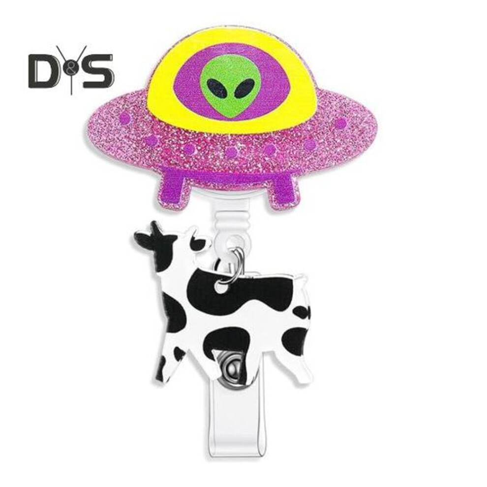 (pink) Funny Badge Reel Care Easy-pull Buckle Alien Cow Design 360 Degree Rotation Retractable Id Clip Mood-boosting Badge Holder