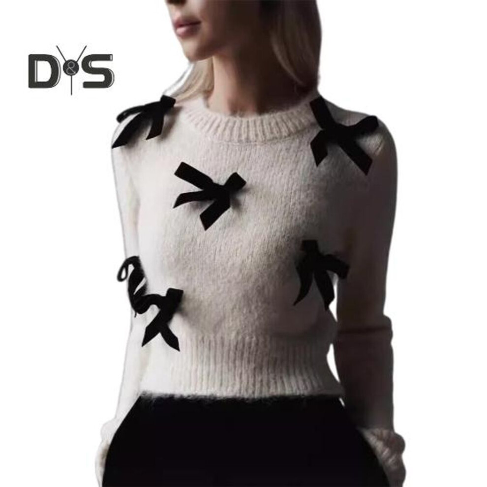 (L, white) Women Sweater Round Neck Long Sleeve Solid Color Knit Tops with Bow Detail Casual Everyday Style Knitwear