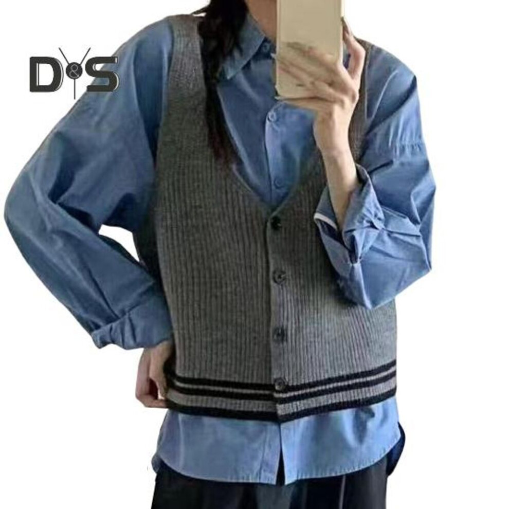 (grey) Women Sling Vest Slim Fit V-Neck Sleeveless Top with Striped Pattern Single Breasted Knitted Sweater Daily Wear
