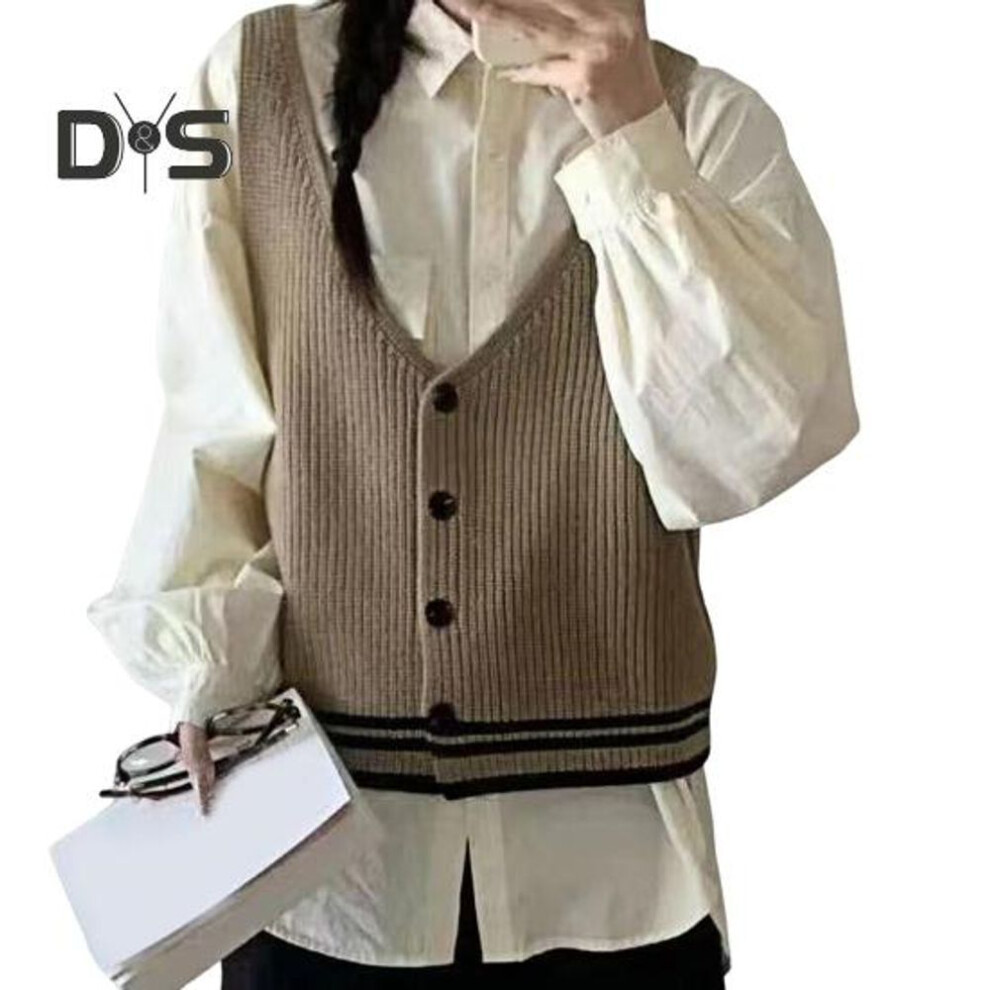 (camel) Women Sling Vest Slim Fit V-Neck Sleeveless Top with Striped Pattern Single Breasted Knitted Sweater Daily Wear