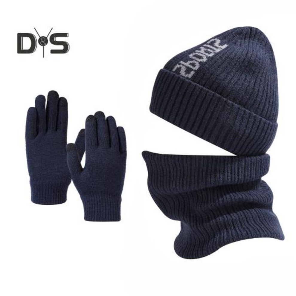 (navy blue) 3Pcs/Set Unisex Hat Scarf Gloves Set Letter Print Beanie Hat Thermal Plush Lining Neck Warmer Touch Screen Gloves Set