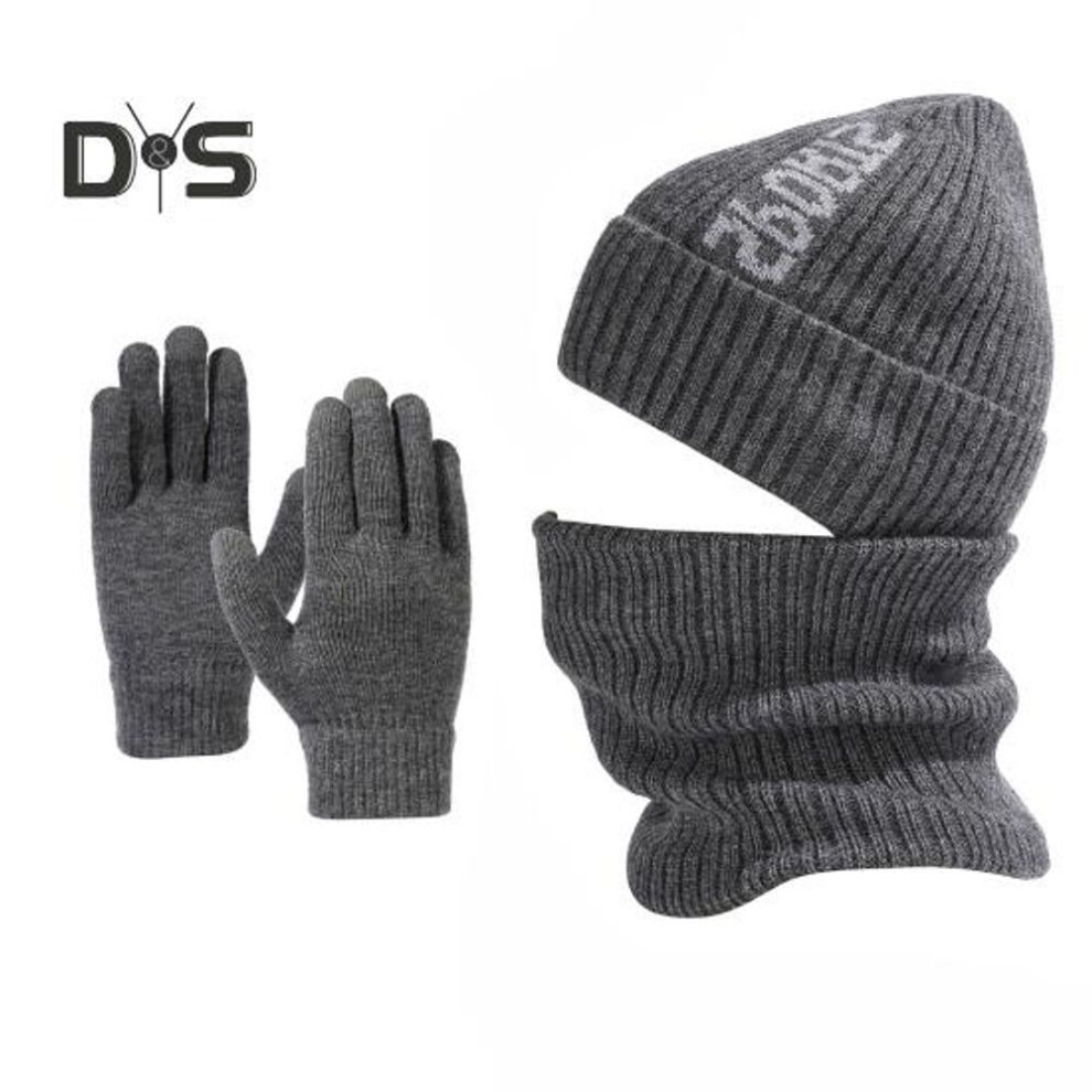 (grey) 3Pcs/Set Unisex Hat Scarf Gloves Set Letter Print Beanie Hat Thermal Plush Lining Neck Warmer Touch Screen Gloves Set