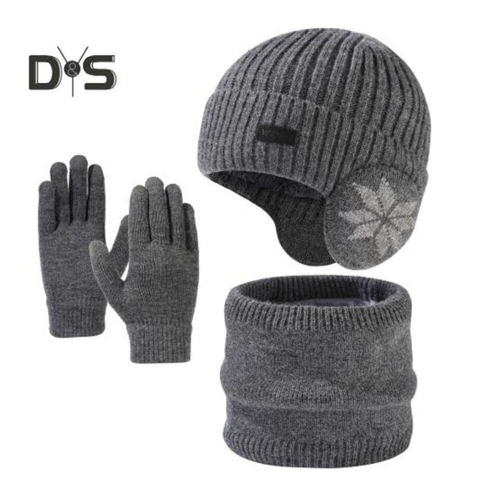(dark gray) 3pcs/set Unisex Hat Scarf Gloves Set Ear Flap Design Snowflake Print Beanie Hat Thermal Plush Lining Neck Warmer Touch Screen Gloves Set