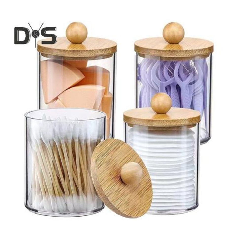 (as the picture, B) 4Pcs/Set Cotton Pad Storage Box with Bamboo/Plastic Lid Round Rectangle Cotton Swab Floss Picks Makeup Sponger Container Holder Dispenser Organizer