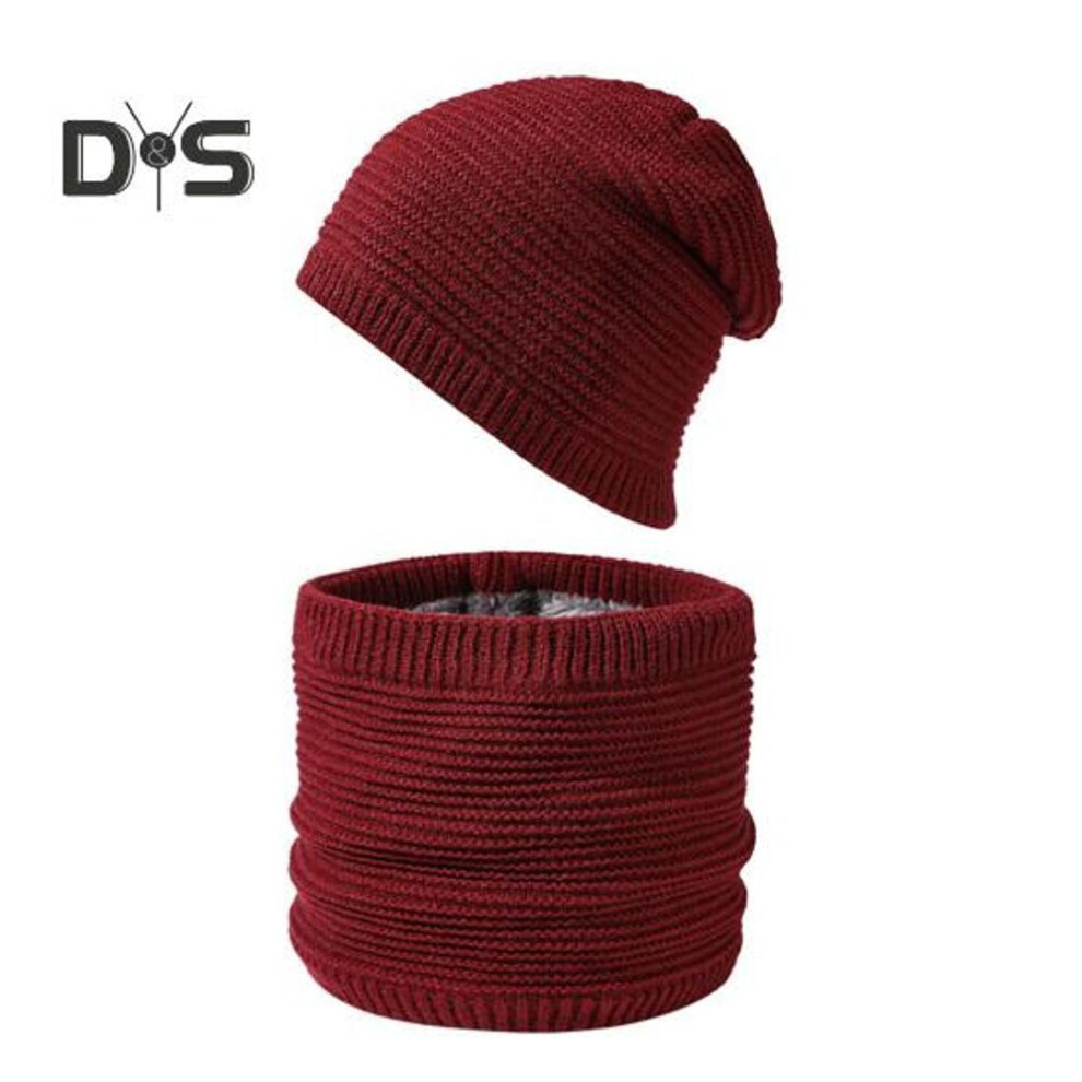 (wine red) 2 Pcs/Set Men Winter Scarf Hat Set Thick Knitted Warm Anti-slip Elastic Ear Protection Windproof Cap Winter Outdoor Cycling Skiing Neck Wrap Set