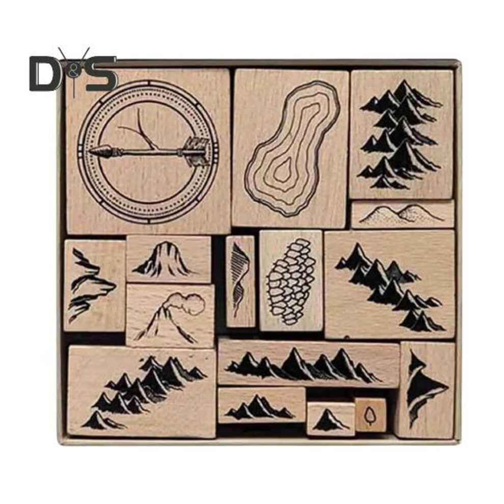 (as the picture, B) 1 Set Handmade Plat Making Stamp Kit With 16 Wooden Rubber Stamps Diy Arts Crafts Mountains Rivers Forests Buildings Decorative Stamp Blocks