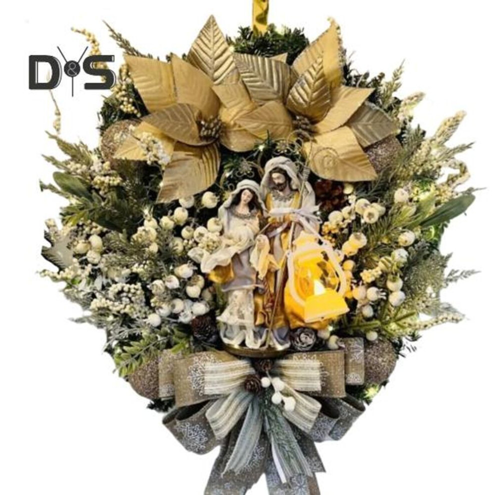 (golden, 30cm) Holy Family Wreath Nativity Scene Christmas Wreath with Artifical Berry Pinecone Winter Religious Front Door Wreath with Jesus Figurine for Indoor