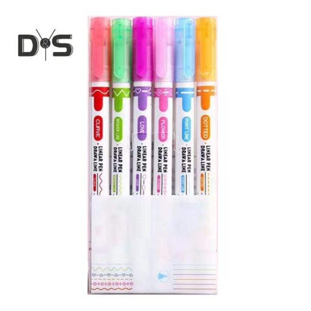 (as the picture, Bilateral) 6Pcs Border Marker Pen Set Graphic Highlighters Curve Border Pens Journal Planner Scrapbook Art School Supplies