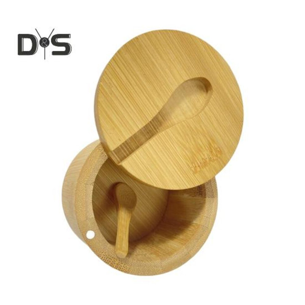 (as the picture, A) Bamboo Salt Cellar Seasoning Jar With Built-in Spoons Salt Container For Kitchen Swivel Lid Spice Box For Countertop