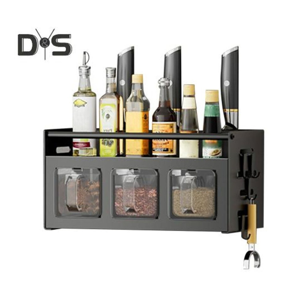(as the picture, B) Stainless Steel Wall Spice Rack with Drawer Style No Drilling Hanging Kitchen Shelf Spice Storage Organizer with Jars Hooks Towel Rack