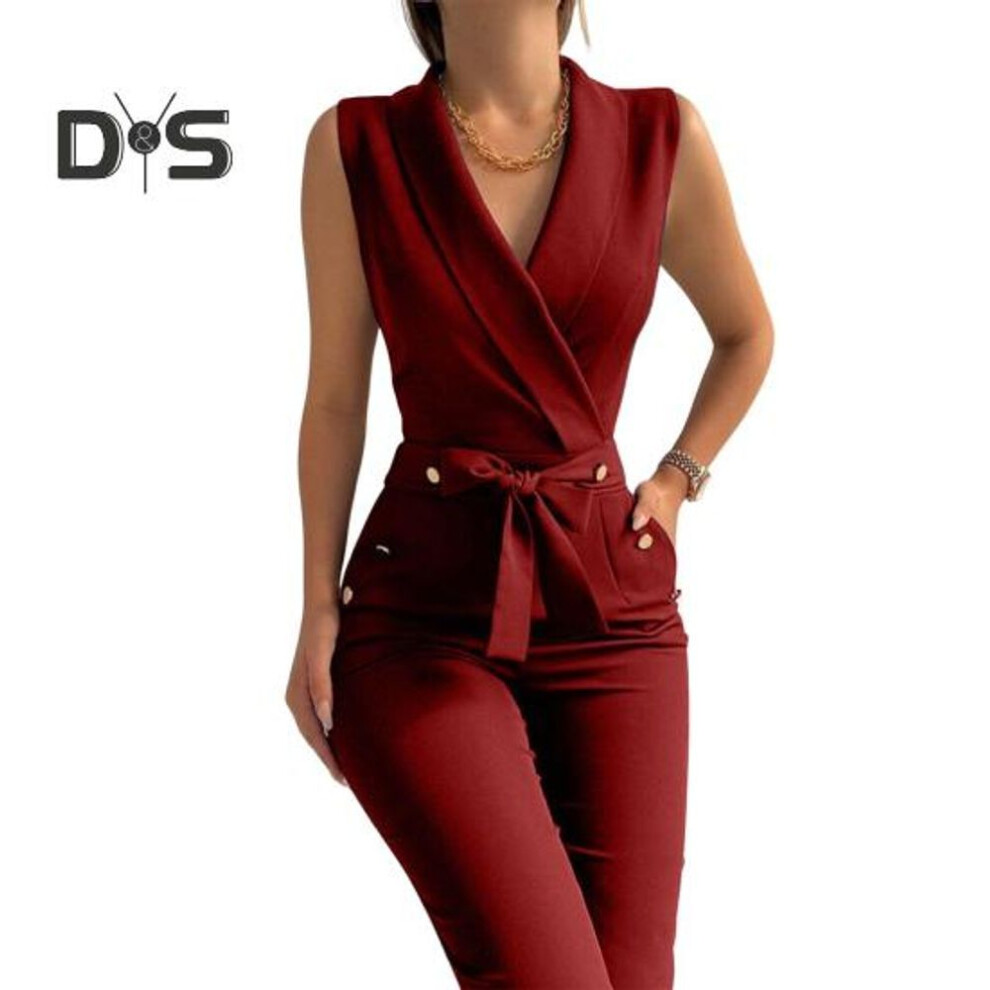 (XL, wine red) Summer Women Jumpsuit Sleeveless V Neck Slim Fit Button Decor Lace-up Strap Pure Color Wide Leg Formal Business Style Commuting Jumpsuit