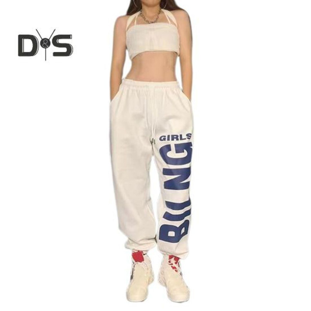 (white, XXXL) Women Sport Pants Solid Color Letter Print Wide Leg Sweatpants Elastic Waist Adjustable Drawstring Hip Hop Style Dance Pants