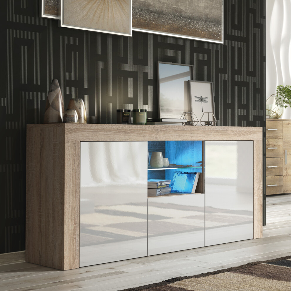 Creative Furniture White,Cream,Multicoloured Aurora Sideboard Led - Oak & White Gloss Doors 145Cm