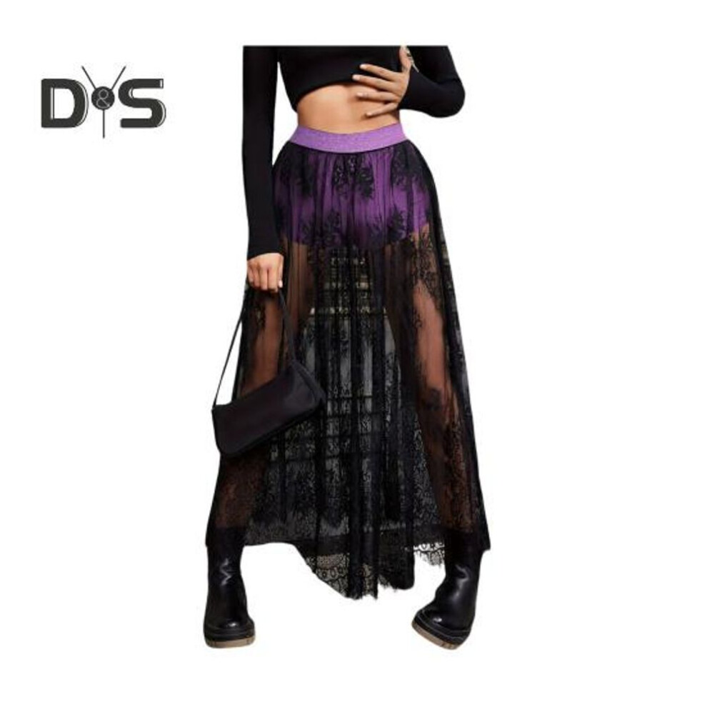 (2XL, purple) Women Maxi Skirt Dark Style See-through Embroidery Flower Lace Long Skirt Elastic High Waist A-line Sexy Mesh Skirt