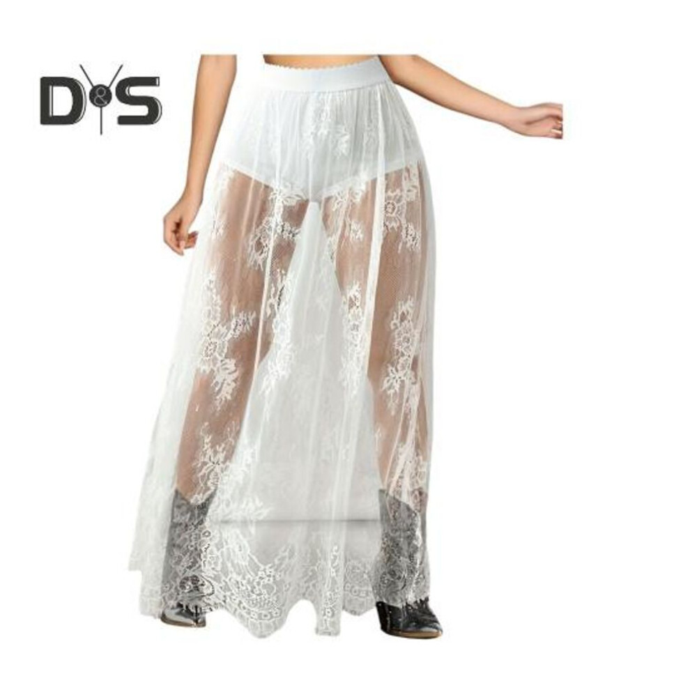 (S, white) Women Maxi Skirt Dark Style See-through Embroidery Flower Lace Long Skirt Elastic High Waist A-Line Sexy Mesh Skirt