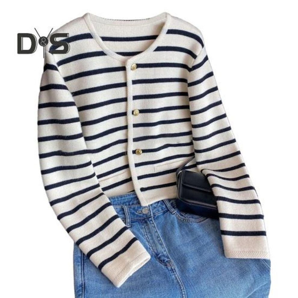 (L, black) Women Girl Striped Knitted Sweater O-neck Long Sleeves Single Breasted Jacket Soft Solid Color Loose Cardigan Women Autumn Winter Knitting Clothes
