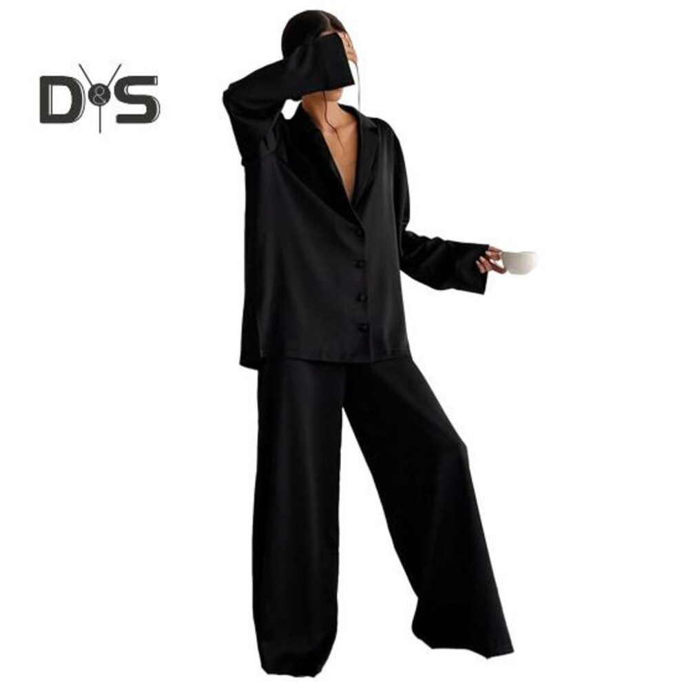(black, M) 2 Pcs/set Women Shirt Pants Set Homewear Suit Loose Lapel Long Sleeve Loose Solid Color Single-breasted Wide Leg Straight Soft Lady Spring Fall