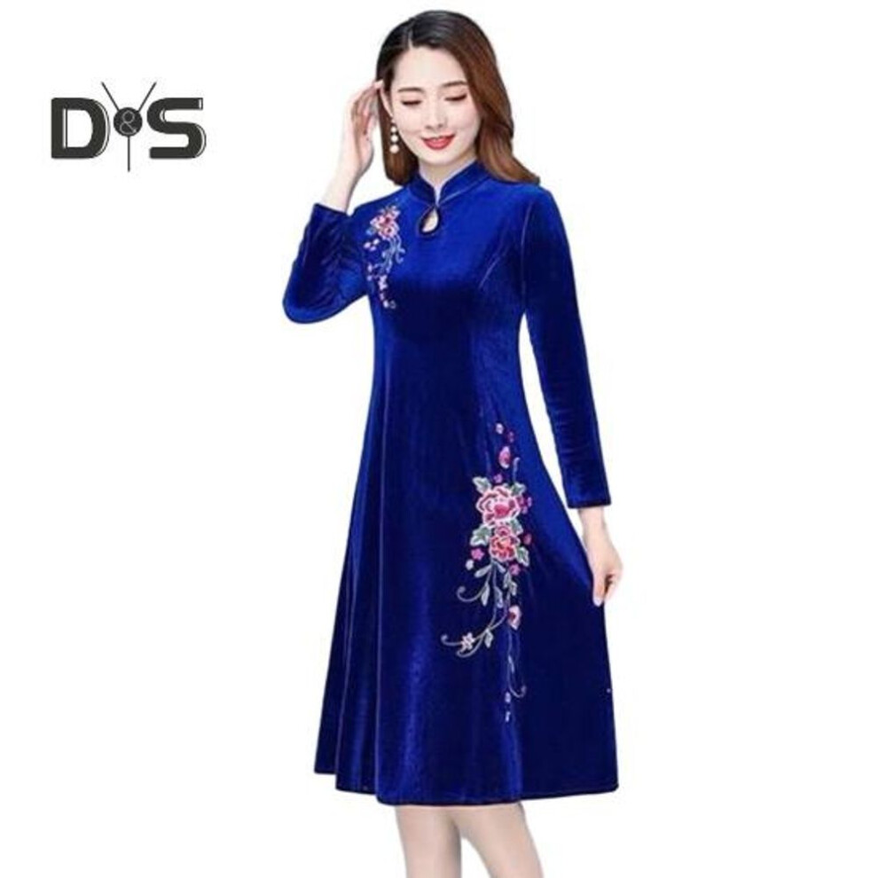 (blue, 2XL) Women Fall Winter Dress Big Swing Stand Collar Long Sleeve Flower Embroidery Hollow Out A-line Soft Warm Thick Pullover Lady Prom Party Evening Dress
