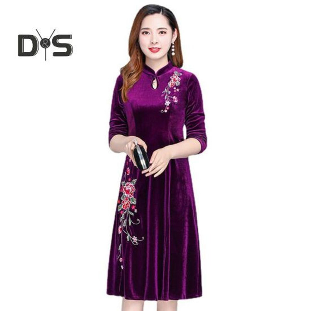 (purple, 2XL) Women Fall Winter Dress Big Swing Stand Collar Long Sleeve Flower Embroidery Hollow Out A-line Soft Warm Thick Pullover Lady Prom Party Evening Dress