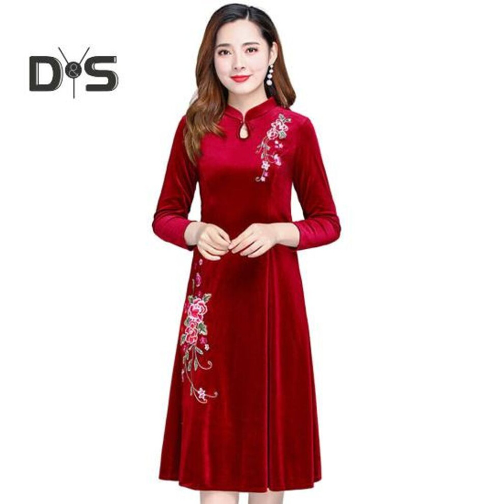 (red, 2XL) Women Fall Winter Dress Big Swing Stand Collar Long Sleeve Flower Embroidery Hollow Out A-line Soft Warm Thick Pullover Lady Prom Party Evening Dress