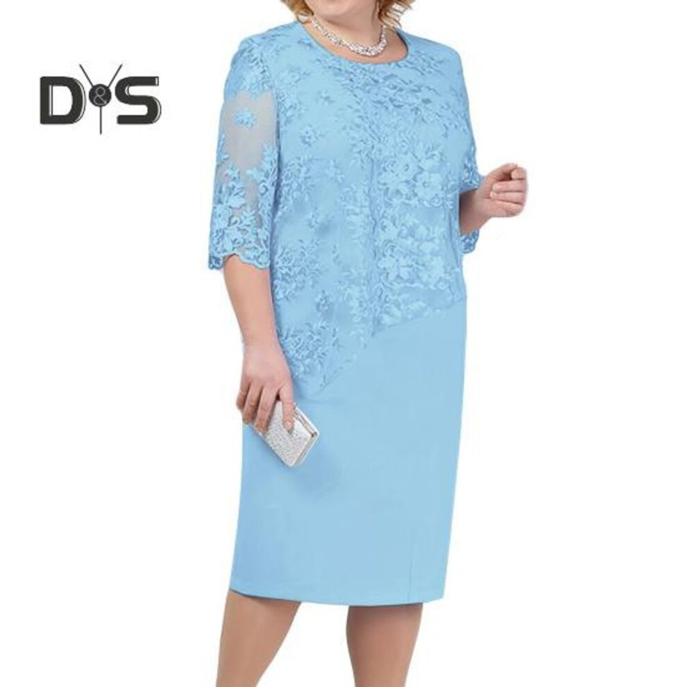 (light blue, 4XL) Women Plus Size Prom Dress O Neck Half Sleeve Embroidery Lace Floral Patchwork Dress Fake Two Pieces Wedding Party Dress