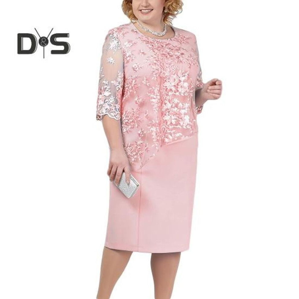 (pink, M) Women Plus Size Prom Dress O Neck Half Sleeve Embroidery Lace Floral Patchwork Dress Fake Two Pieces Wedding Party Dress