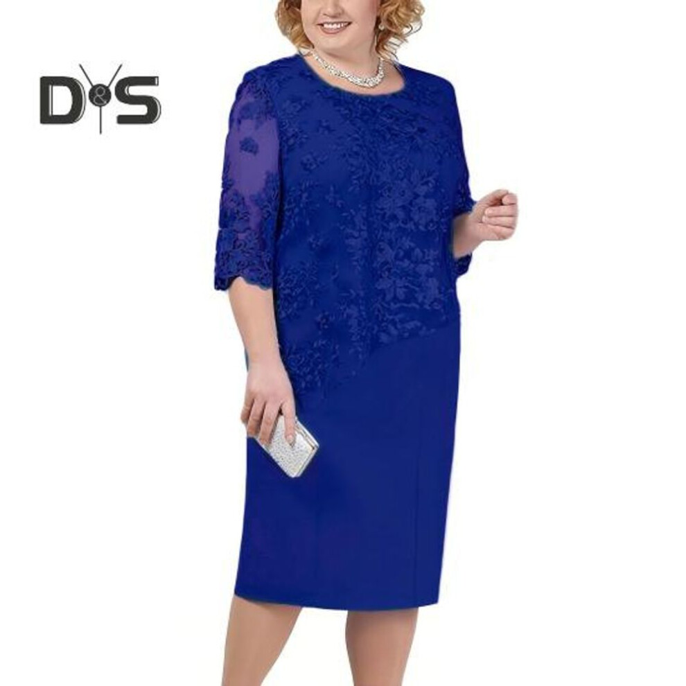 (blue, 3XL) Women Plus Size Prom Dress O Neck Half Sleeve Embroidery Lace Floral Patchwork Dress Fake Two Pieces Wedding Party Dress