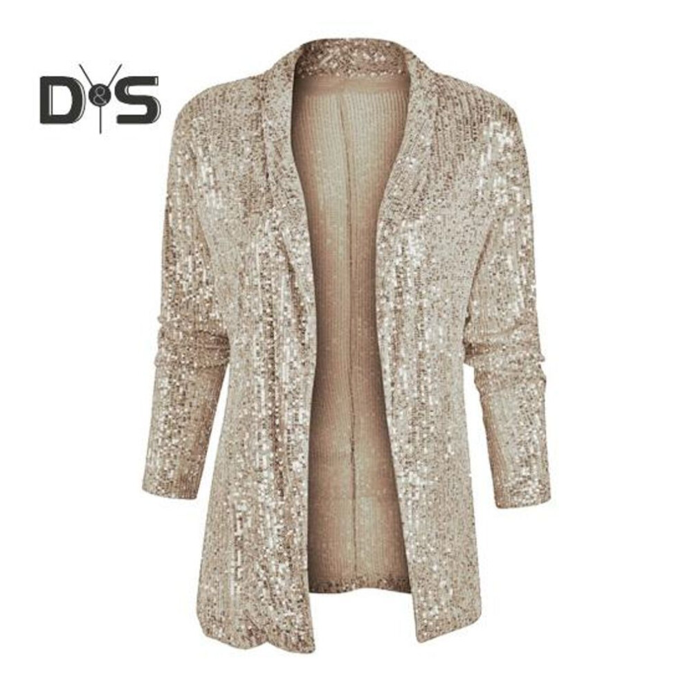 (champagne, M) Women Coat Shiny Sequin Long Sleeve Cardigan Open Stitch Long Sleeve Club Stage Performance OL Commute Spring Fall Blazer Jacket