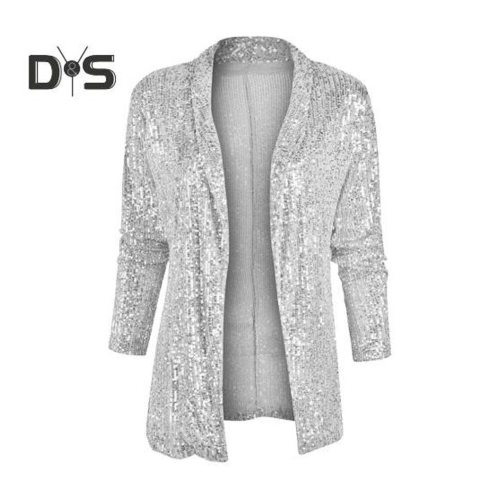 (silver, S) Women Coat Shiny Sequin Long Sleeve Cardigan Open Stitch Long Sleeve Club Stage Performance OL Commute Spring Fall Blazer Jacket