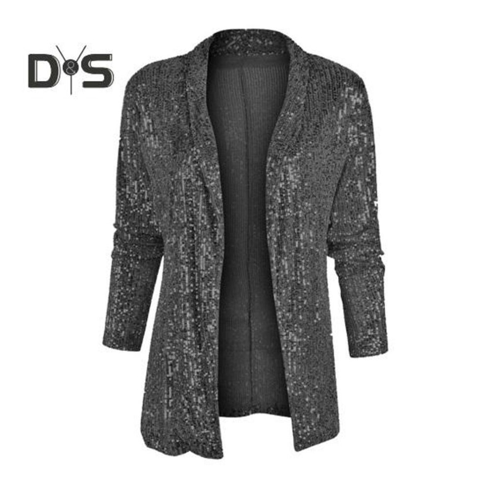 (black, 2XL) Women Coat Shiny Sequin Long Sleeve Cardigan Open Stitch Long Sleeve Club Stage Performance Ol Commute Spring Fall Blazer Jacket