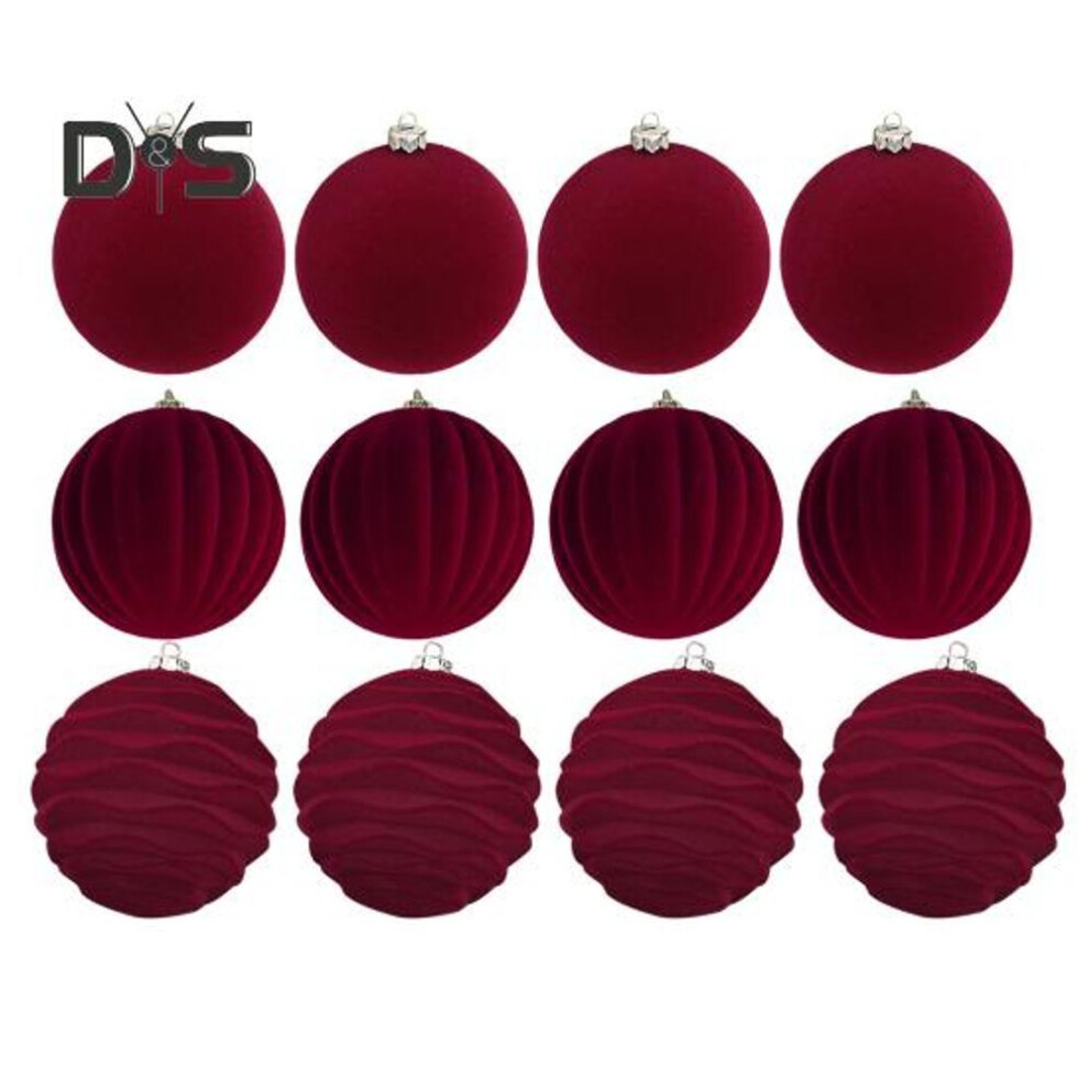 (wine red, 8 cm) 12Pcs Christmas Balls Decorations Shatterproof Velvet Ball Pendant Flocked Christmas Tree Hanging Ball Ornaments for Home Wedding Supplies