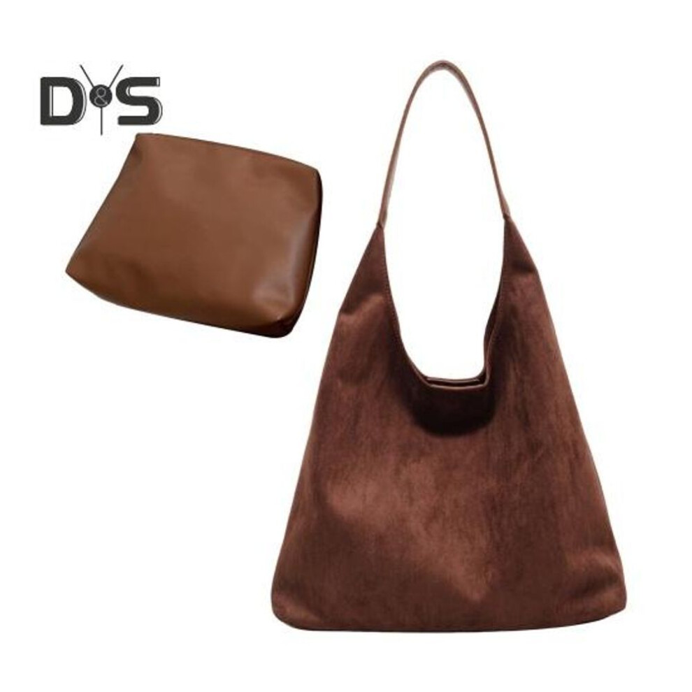 (coffee) 2 Pcs/set Women Shoulder Bag With Cosmetic Bag Retro Solid Color Magnetic Buckle Closure Large Capacity Faux Suede Tote Clutch Work Travel Sling Bag