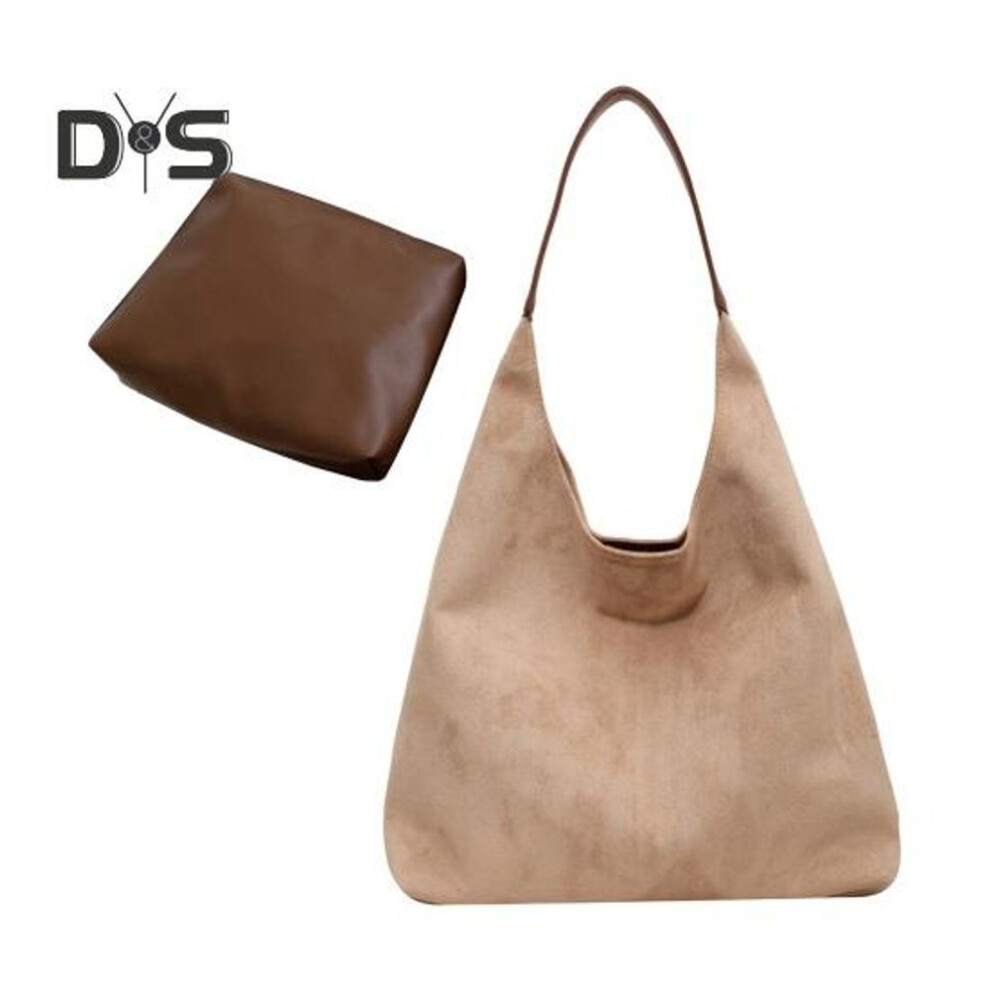 (beige) 2 Pcs/set Women Shoulder Bag With Cosmetic Bag Retro Solid Color Magnetic Buckle Closure Large Capacity Faux Suede Tote Clutch Work Travel Sling Bag
