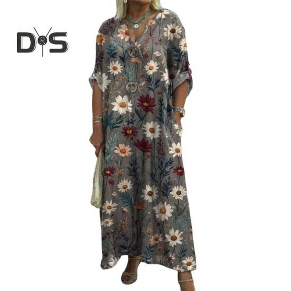 (dark gray, 3XL) Fall Summer Women Dress Floral Print Loose Ninth Sleeve With Cufflink V Neck Side Pockets Daily Long Dress Casual Maxi Dress