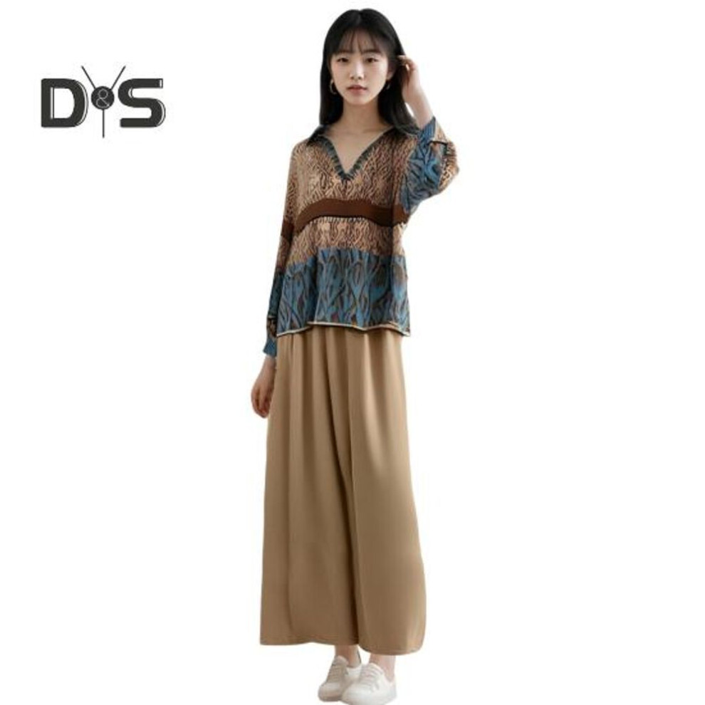 (khaki, L) 2 Pcs/set Women Shirt Pants Set V Neck Digital Printed Long Sleeve Blouse High Waist Pleated Wide Pockets Wide Leg Lady Trousers Casual Daily Outfit