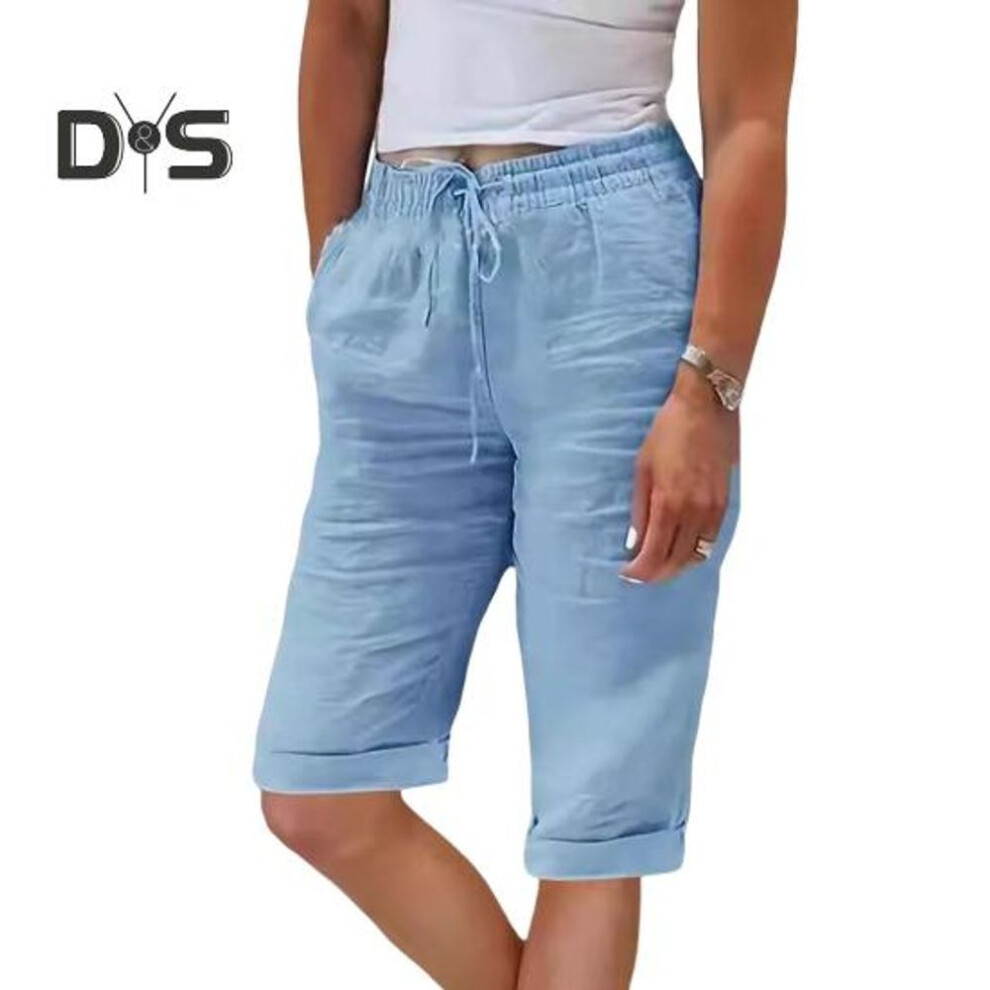 (blue, 2XL) Women Summer Shorts Elastic Waistband Adjustable Drawstring Casual Pants With Pockets Solid Color Loose Fit Knee-length Pants