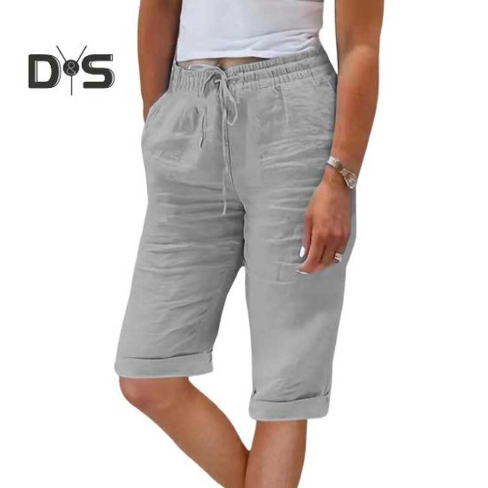 (light grey, L) Women Summer Shorts Elastic Waistband Adjustable Drawstring Casual Pants With Pockets Solid Color Loose Fit Knee-length Pants