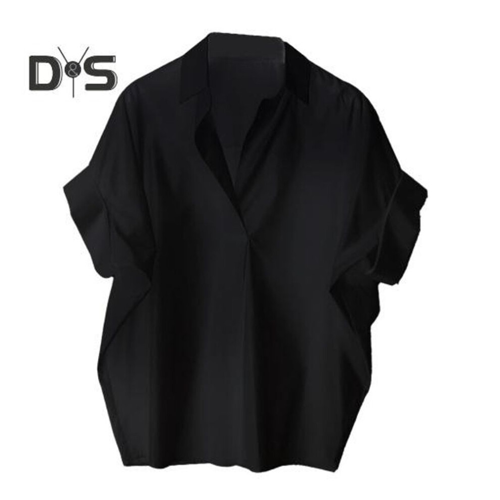 (L, black) Women Summer Shirt Lapel Short Sleeve Solid Color Pullover Tops Loose Fit Thin Office Lady Shirt Workwear
