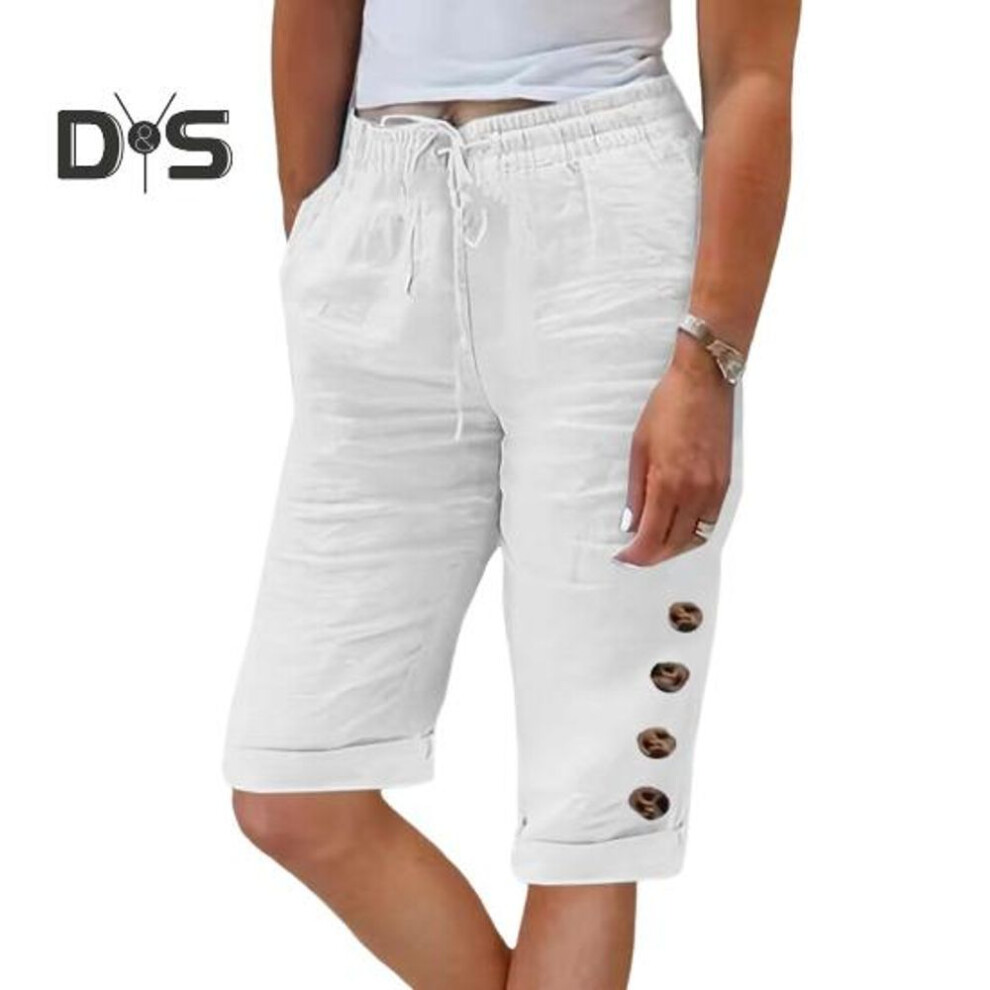 (white, 3XL) Women Summer Shorts Elastic Waistband Adjustable Drawstring Casual Pants With Pockets Solid Color Buttons Decor Knee-length Pants