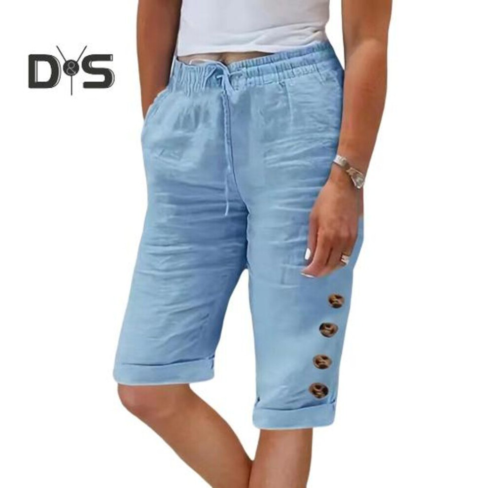 (blue, 2XL) Women Summer Shorts Elastic Waistband Adjustable Drawstring Casual Pants With Pockets Solid Color Buttons Decor Knee-length Pants