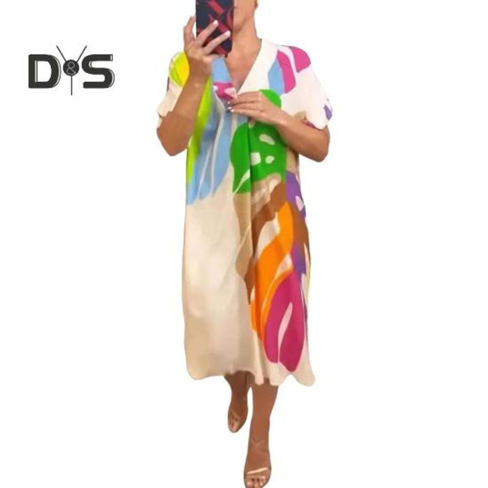 (white, L) Summer Women Dress Colorful Printing V Neck Short Sleeves Loose Bohemian Style Pullover Casual Vacation Beach Midi Dress
