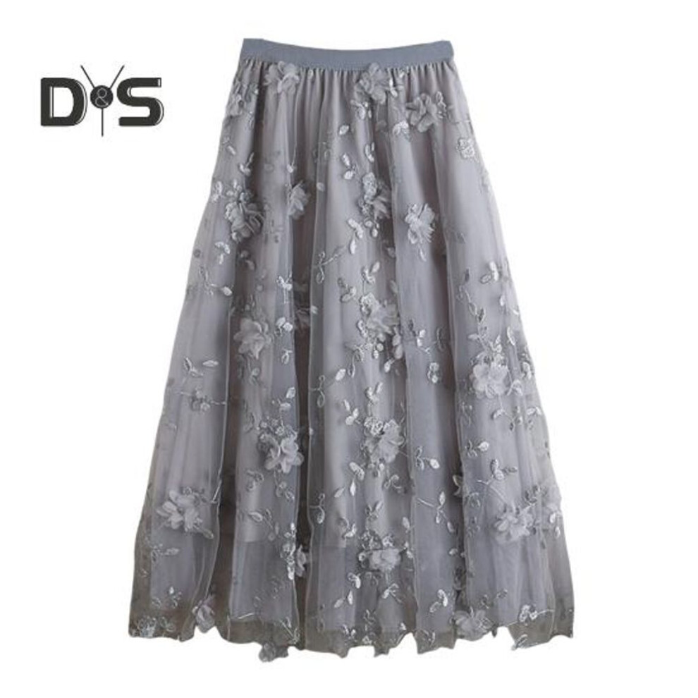 (grey) Women Midi Skirt Elastic High Waist Floral Embroidery Print Mesh Skirt Double Layered Tulle Large Hem A-Line Skirt