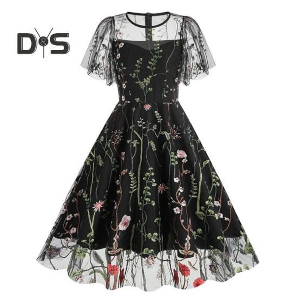 (black, S) Women Evening Dress Double-layer Flower Embroidery Mesh A-line Big Swing Short Sleeves O Neck Back Zipper Closure Prom Party Midi Dress