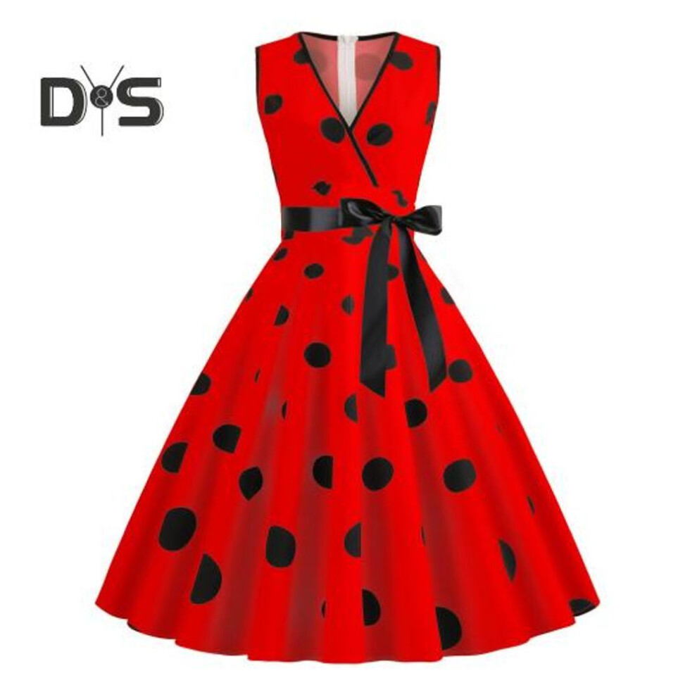 (red, S) Women Evening Dress Vintage Contrast Color Dot Print Bow Waist A-line Big Swing Slim Wasit Sleeveless Backless V Neck Princess Style Midi Dress