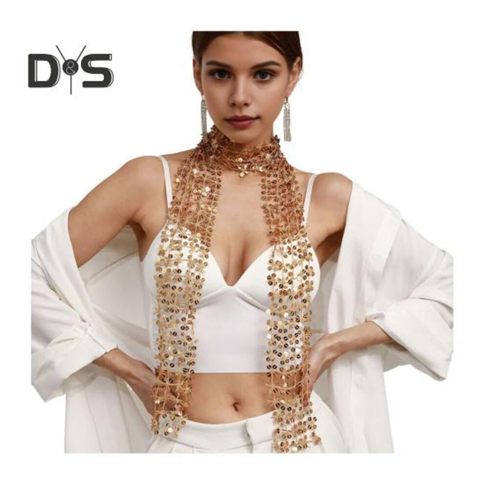 (golden) Women Scarf Shiny Sequin Flower Shape Hollow Design Scarf Glitter Embellished Thin Scarf Fashion Accessory