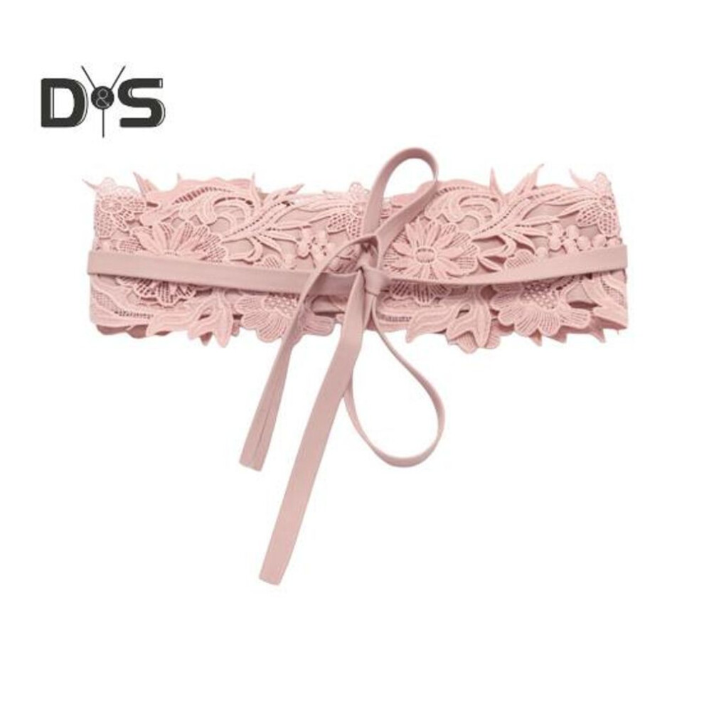 (pink) Women Belt Embroidery Lace Flower Bowknot Lace-up Solid Color Waistband Imitation Leather Strap Dress Coat Jacket Accessories